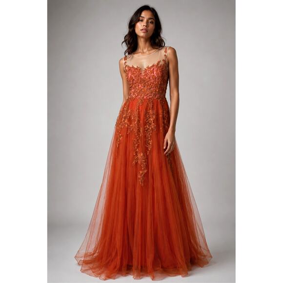 Vintage Dresses & Skirts - Vintage 1950s Embroidered Tulle Ballgown Couture Prom Dress Orange MINT Size 4